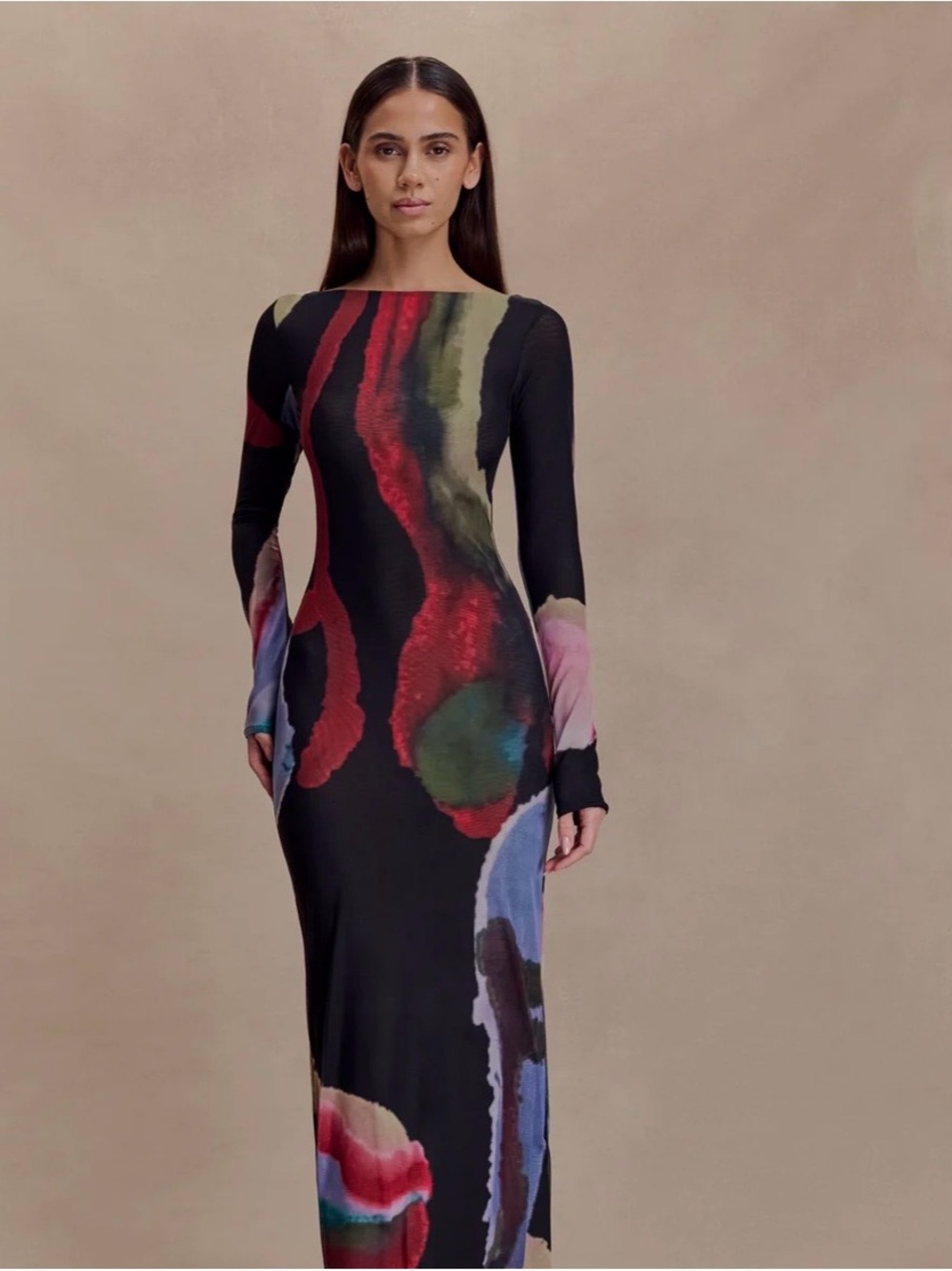 Meshki Black Long Sleeve Bodycon Dress with Multicolor Abstract Print